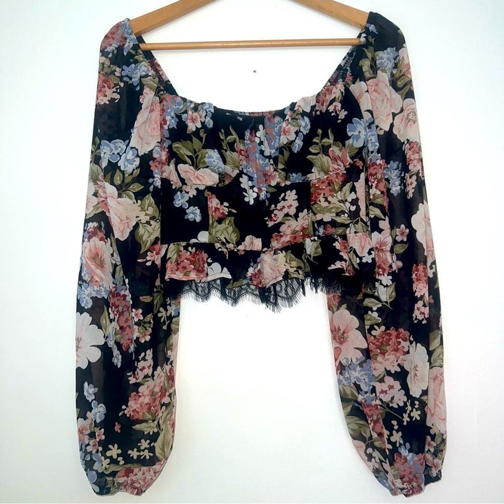 Lulus Dark Floral Corset Balloon Sleeve Lace Crop Top Y2K Couquette Girl Size XS